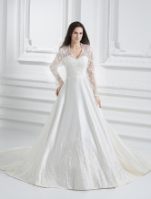 Princess Kate 2M Sweep Ivory Satin Lace V-Neck Wedding Dress
