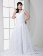 Sexy White A-line Halter V-Neck Tulle Plus Size Wedding Dress