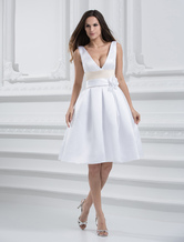 White Knee Length V-Neck Sash Satin Wedding Dress