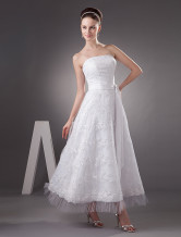 A-line Strapless Applique Beading Lace Satin Pongee Mini Wedding Dress
