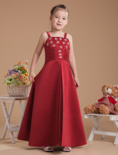 Amazing Red Satin Thin Shoulder Straps Floor Length Junior Bridesmaid Dress