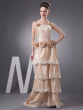 Champagne A-line Multi-layer Flower Spaghetti Taffeta Lace Wedding Dress