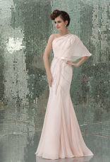 Mermaid One-Shoulder Floor-Length Pink Chiffon Sash Sequin Evening Dress 