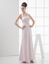 Pink Halter Floor Length Satin Bridesmaid Dress