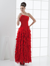 One-Shoulder Sweep Red Chiffon Prom Dress 