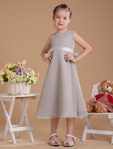 A-line Jewel Neck Tea-Length Silver Satin Beading Dress For Flower Girl 