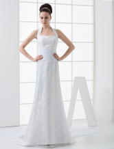White Lace Halter Train Mermaid Trumpet Wedding Dress
