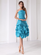 A-line Strapless Tea-Length Blue Taffeta Pleated Prom Dress 