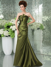 Sheath Strapless Sweep Green Taffeta Bow Pleated Prom Dress 
