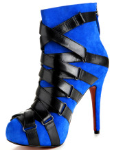 Chaussures de cheville en bleu à talons hauts avec plate-forme de style de serpent en peau de mouton 