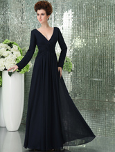 Deep V-neck Dark Navy Blue Chiffon Long Sleeve Prom Dress