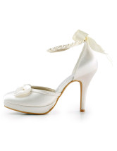 White Satin Ankle Strap Bow Decoration Bridal Shoes
