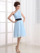 Light Blue One-Shoulder Pleated Chiffon Cocktail Dress