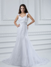 Vintage V-Neck Cap Sleeves Empire Waist Beading Embroidery Floor Length Satin Wedding Dress For Bride