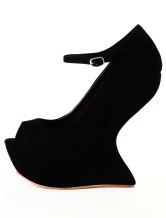 Black 4 3/4" High Heel 1 1/5" Platform Wedge Sheepskin Womens Ankle Strap Pumps