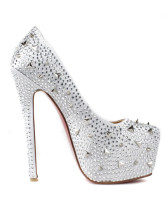 Modern Silver Silk And Satin Rhinestone Spikes Women's Platform Pumps