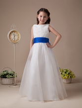 A-line Jewel Neck Floor-Length White Organza Sash Flower Girl Dress 