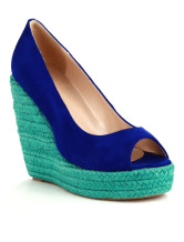 Color Block Peep Toe Wedge Heel Sheepskin Womens Espadrilles