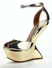 Gold Peep Toe Special Shaped Heel Ankle Strap Patent Leather Womens Sandals