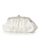 White Bridal Wedding Handbag Chain Rhinestone Ruched Handbag