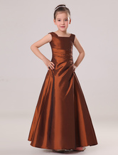 Exquisite Chocolate Brown Taffeta Square Collar Floor Length Junior Bridesmaid Dress