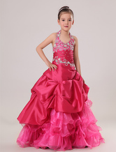Ball Gown Halter Floor-Length Fuchsia Taffeta Flower Girl Dress 