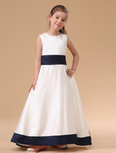 White Sleeveless Bow Sash Satin Junior Bridesmaid Dress