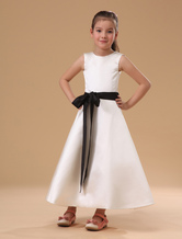 White Sleeveless Sash Satin Flower Girl Dress