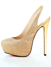 Gold Glitter Sling Back Sequined Cloth Womens Shoes