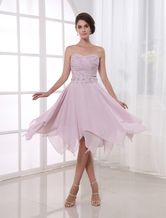 Sweetheart Neck Asymmetrical Pink Chiffon Ruched Beading Prom Dress 