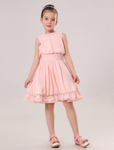 Beautiful Pink Chiffon Round Collar Knee Length Junior Bridesmaid Dress