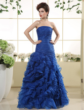 Ball Gown Strapless Floor-Length Royal Blue Organza Ruffles Evening Dress  Milanoo