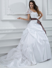 Ball Gown Jewel Neck Court Train White Taffeta Sash Wedding Gown 