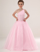 Pink A-line One-shoulder Satin Floor Length Flower Girl Dress