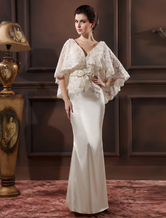 Sheath V-Neck Floor-Length Ivory Elastic Woven Satin Lace Evening Dress  Milanoo
