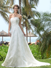 Ivory A-line Strapless Beading Applique Satin Lace Wedding Dress