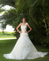  Ivory Satin Organza A-line Luxury Wedding Dress 