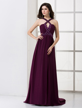 Halter Beaded Chiffon Satin Maxi Evening Dress