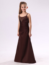 Pretty Chocolate Brown Satin Double Spaghetti Straps Floor Length Junior Bridesmaid Dress