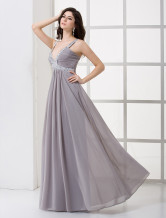 Silver Pleated V-Neck Beaded Applique Chiffon Maxi Evening Dress