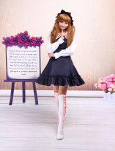 Cotton Deep Blue Buttons Bow Sleeveless School Lolita Dress