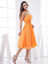 A-line Spaghetti Straps Tea-Length Orange Chiffon Dress For Bridesmaid 