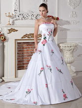 Ball Gown Strapless Sweep White Organza Satin Embroidered Bridal Dress 