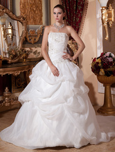 Ball Gown Strapless Court Train White Organza Satin Beading Pleated Bridal Dress 