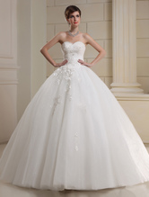 Ball Gown Sweetheart Neck Floor-Length White Tulle Beading Bridal Dress 