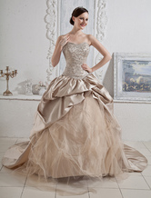 Ball Gown Sweetheart Sweep Champagne Organza Satin Beaded Dress For Bride 