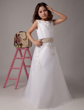 A-line Jewel Neck Floor-Length White Organza Satin Flower Girl Dress 