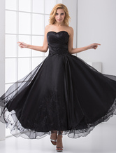 A-line Sweetheart Neck Ankle-Length Black Organza Beading Prom Dress 