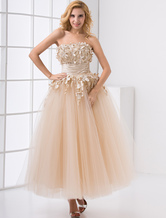 Strapless Ankle-Length Champagne Mesh Peplum Applique Prom Dress 