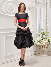 A-line Jewel Neck Knee-Length Black Taffeta Sash Prom Dress 